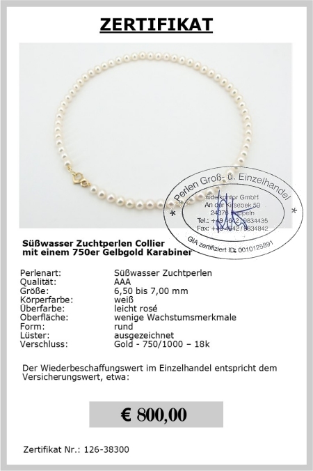 Swasser Perlenkette | Rund 6,5 - 7,0 mm AAA | Gold 750er - 18K