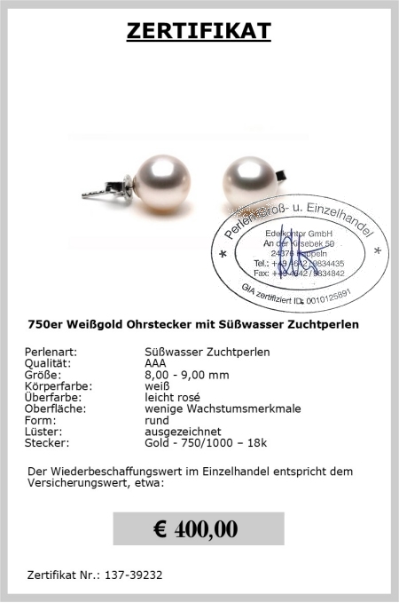 Perlenohrringe 8.0 - 9.0 mm in 750er Weigold