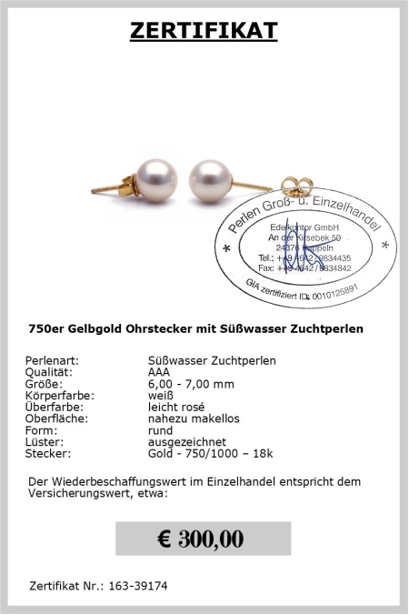 Perlen Ohrstecker Gelbgold | Rund 6,0 - 7,0 mm AAA | Ohrstecker Gold 585er  750er | Edelkontor