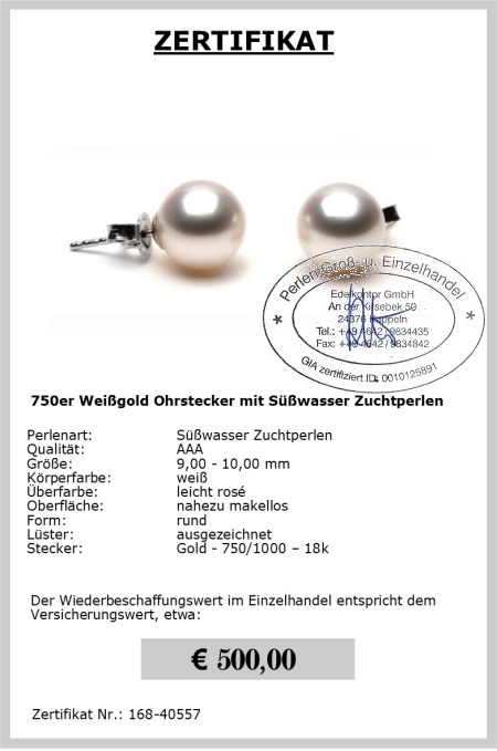 Wei�e Perlen Ohrstecker 9.0 - 10.0 mm, Gold 750er - Edelkontor