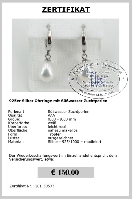 Perlenohrringe tropfenform vom Edelkontor