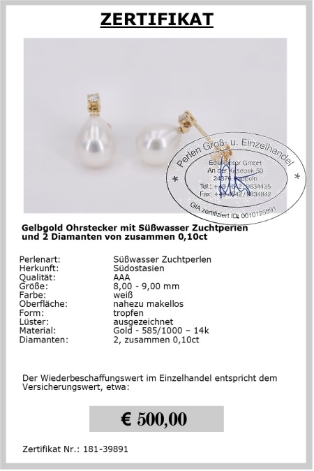 Perlen Ohrringe tropfenform 8.0 - 9.0 mm