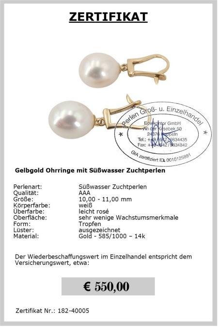 Perlen Ohrringe tropfen, 585er Gold, 10.0 - 11.0 mm