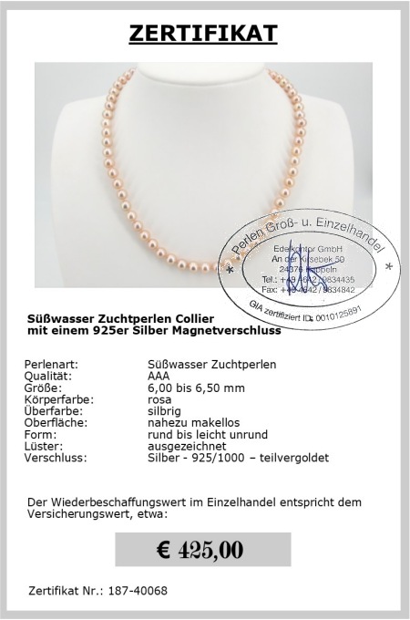 Perlenkette rosa, Perlen Gr��e 6.0 - 6.5 mm