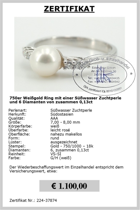 Perlenring mit Diamanten aus 750er Weigold