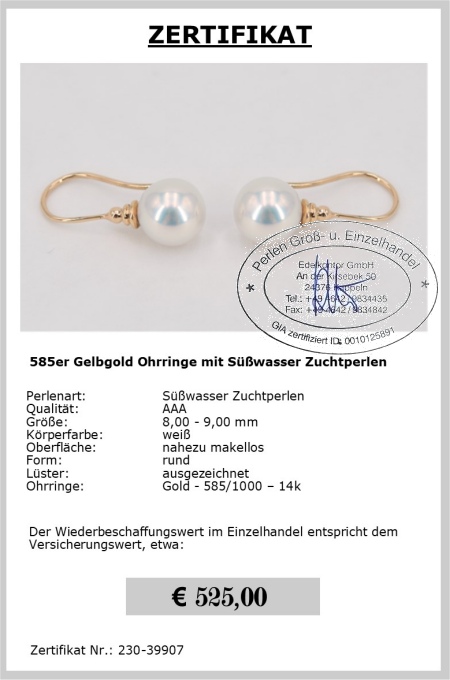 Perlen Ohrringe weiß 8.0 - 9.0 mm in 585er Gelbgold