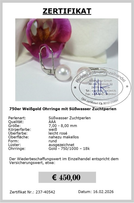 Perlenohrringe wei� aus 750er Gold - Edelkontor