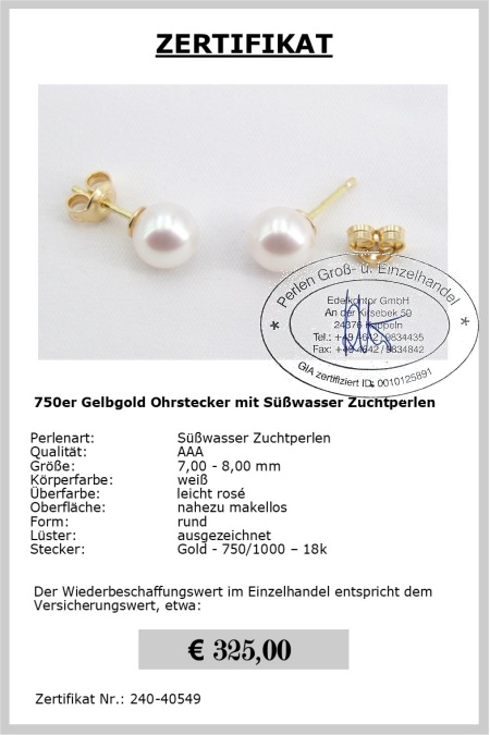 Ohrstecker mit Perlen 7.0 - 8.0 mm in Gelbgold - Edelkontor