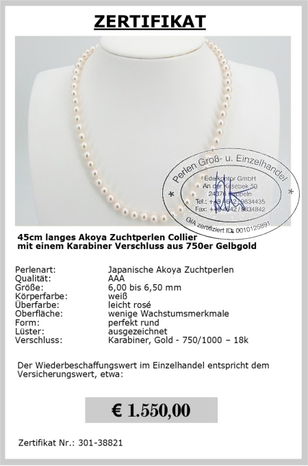 Akoya Perlenkette 45 cm | Rund 6,0 - 6,5 mm AAA | Verschluss Gold 750er