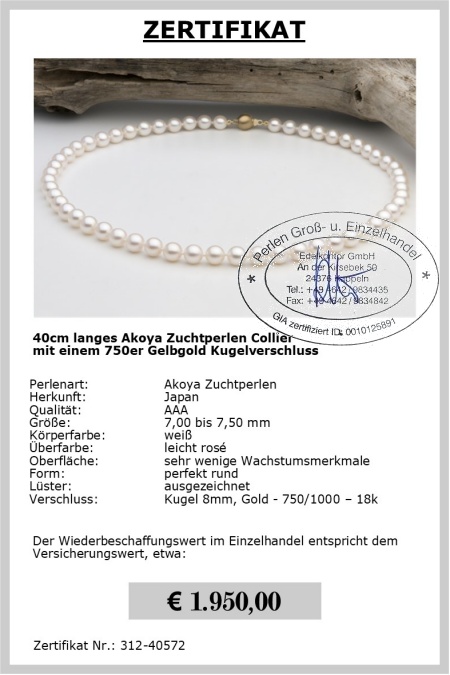 Akoya Perlen Kette 7.0 - 7.5 mm, 40cm L�nge - Edelkontor