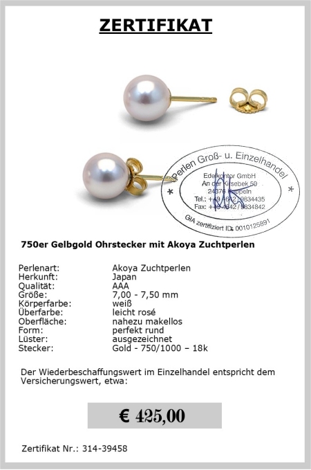 Akoyaperlen Ohrstecker | Perfekt Rund 7,0 - 7,5 mm AAA Qualitt | Ohrstecker Gold 750er - 18K