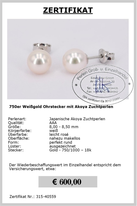 Ohrstecker mit Akoyaperlen 8.0 - 8.5 mm - Edelkontor