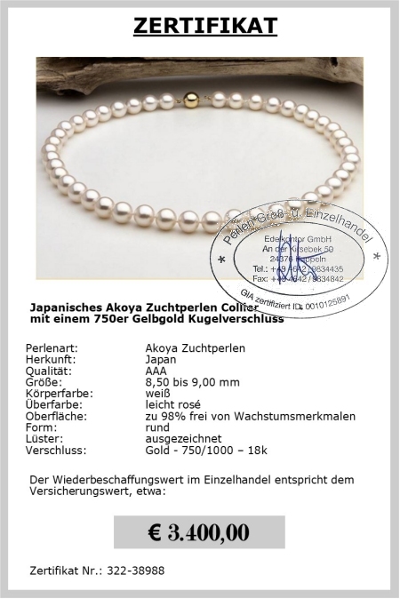 Japanische Akoya Perlenkette, rund 8,5 - 9,0 mm, AAA Qualitt, Verschluss Gold 750er
