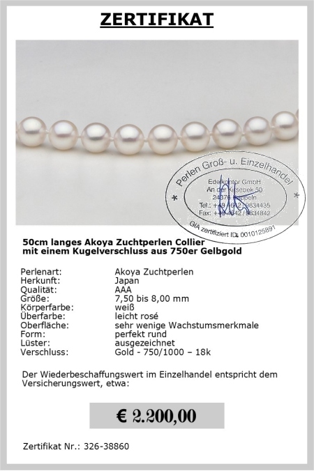 Akoyaperlenkette 50cm, 750er Gold, Perlen 7.5 - 8.0 mm - Edelkontor
