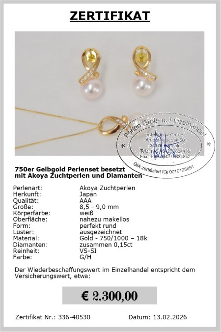 Akoya Zuchtperlen 8.5 - 9.0 mm Schmuck Set