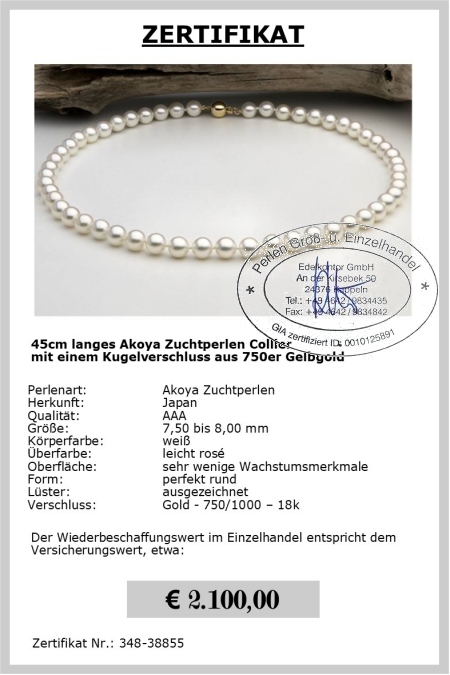 Traumhafte echte Akoya Perlenkette | Rund 7,5 - 8,0 mm AAA | Verschluss Gold 750er - 18K