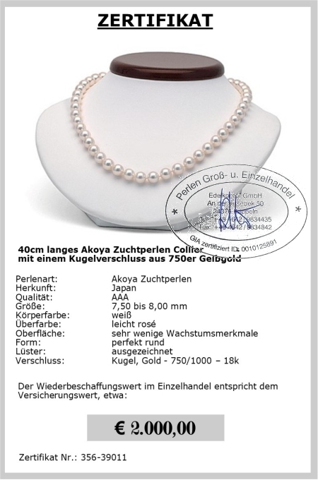 Halskette 40 cm aus weien Akoya Perlen | Rund 7,5 - 8,0 mm AAA | Verschluss 750er Gold