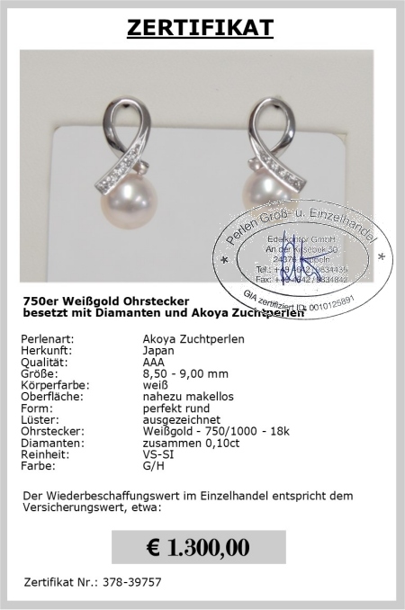 Echte Perlen Ohrringe mit Diamanten 0,10 ct | Perfekt Rund 8,5 - 9,0 mm AAA | Ohrringe Gold 750er