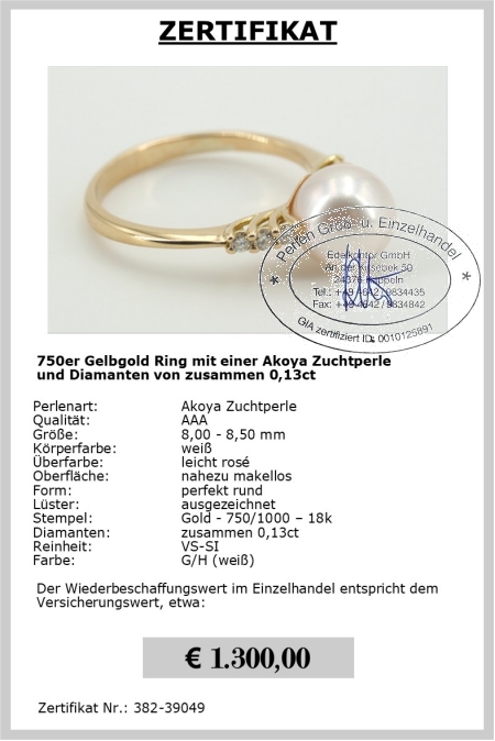 Perlenring mit Akoya Perle und 0,13 ct Diamanten