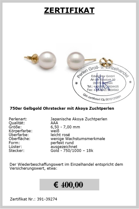 Edle Perlen Ohrstecker mit Akoyaperlen | Perfekt Rund 6,5 - 7,0 mm AAA | Ohrstecker Gold 750er - 18K