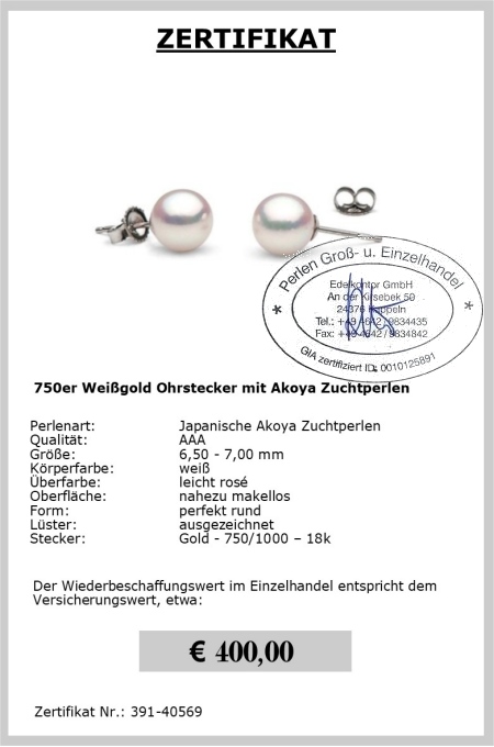 Perlen Ohrstecker Gold mit Akoya Perlen 6.5 - 7.0 mm