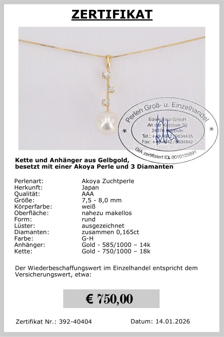 Goldanh�nger mit Perle 7.5 - 8.0 mm