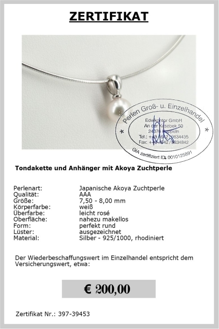 Silber Halsreif mit Akoyaperle vom Edelkontor