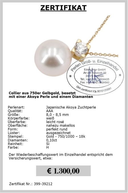 Akoya Perlencollier mit Brillant 0,10 ct | Rund 8,0 - 8,5 mm AAA | Collier Gold 750er - 18K