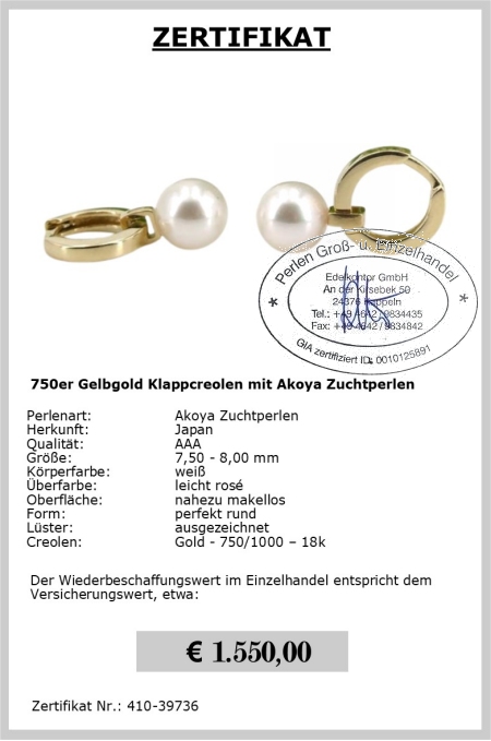 Creolen mit Akoyaperlen aus 750er Gelbgold