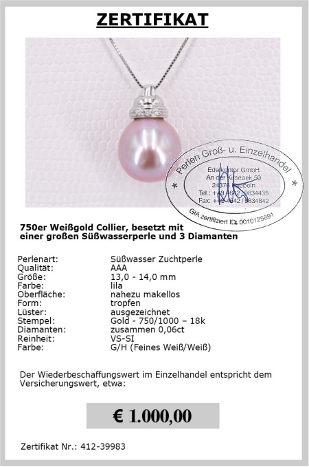 Collier mit Perle 13.0 - 14.0 mm und Diamanten