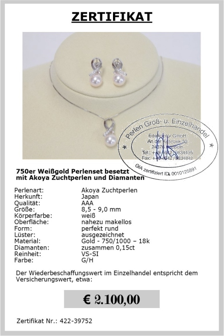 Akoya Perlen Set mit Diamanten 0,15 ct | Perfekt Rund 8,5 - 9,0 mm AAA | Set Gold 750er - 18K