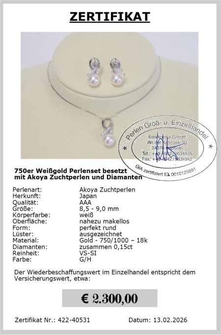 Akoya Perlen Schmuckset 8.5 - 9.0 mm 