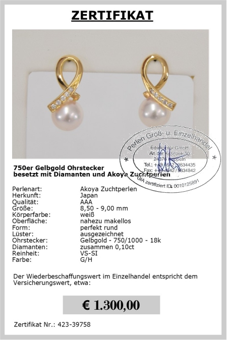 Perlenohrstecker Gold mit Diamanten 0,10 ct | Perfekt Rund 8,5 - 9,0 mm AAA | Ohrstecker Gold 750er