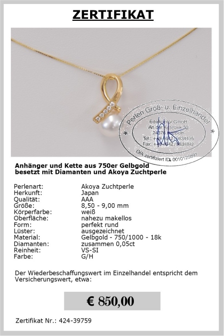 Perlenanhnger in Gold mit Diamanten 0,05 ct | Perfekt Rund 8,5 - 9,0 mm AAA | Anhnger Gold 750er