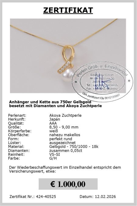 Perlenanh�nger Gold mit Akoya Perle 8.5 - 9.0 mm