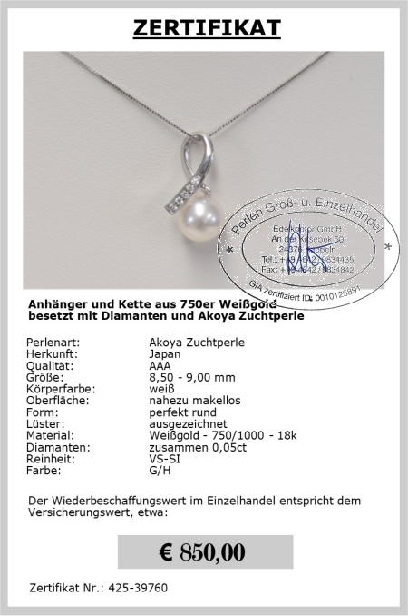 Perlenanhnger fr Kette mit Diamanten 0,05 ct | Perfekt Rund 8,5 - 9,0 mm AAA | Anhnger Gold 750er