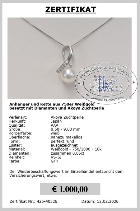 Perlenanh�nger Kette mit Akoya Perle 8.5 - 9.0 mm