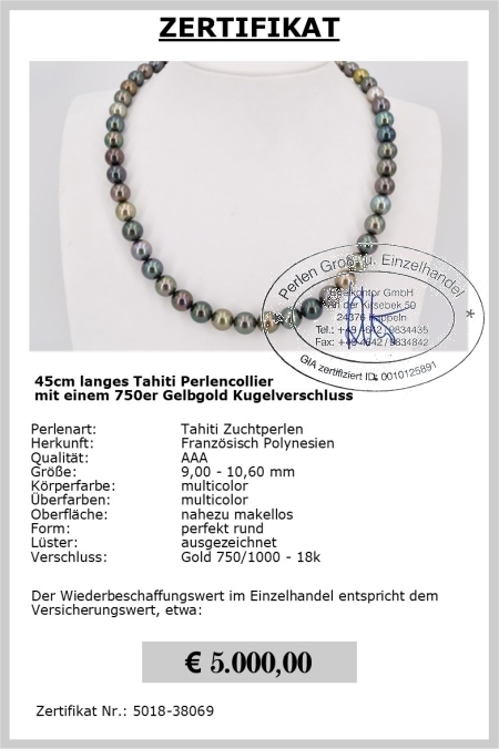 Edles Tahiti Perlen Collier | Perfekt rund  9,0 - 10,6 mm AAA | Verschluss Gold 750er  18K