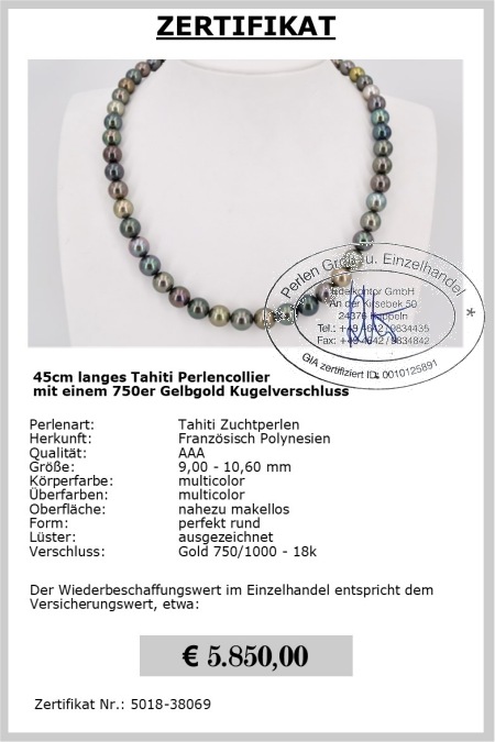Multicolor Tahitiperlen, Kette AAA Qualit�t, 9.0 - 10.6 mm