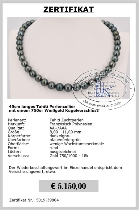 8.0-11.0 mm AA+/AAA Tahitiperlen Kette Gold 750 / 18K inkl. Zertifikat