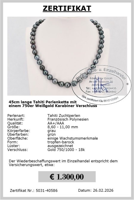 8.6-11.0 mm AA+/AAA Tahitikette Tropfenform Gold 750 / 18K inkl. Zertifikat