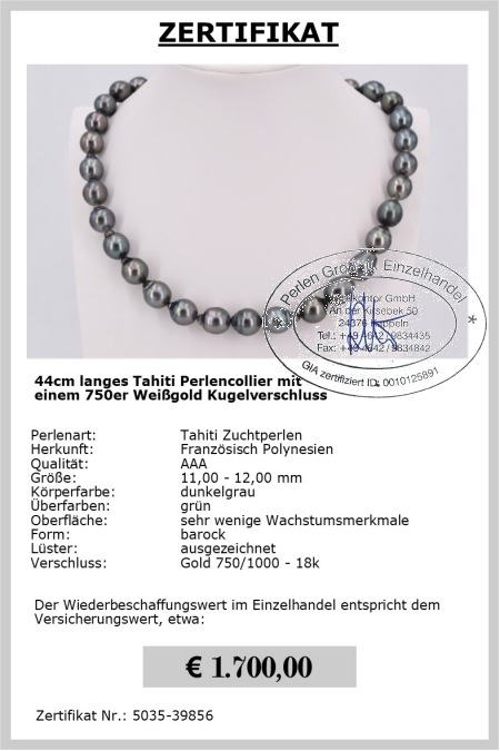 11.0-12.0 mm AAA Tahitiperlen Collier 750er Gold - Edelkontor