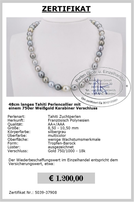 Tahiti Perlenkette | Tropfen-Barock 8,5 - 10,5 mm | Verschluss Gold 750er - 18K | Edelkontor