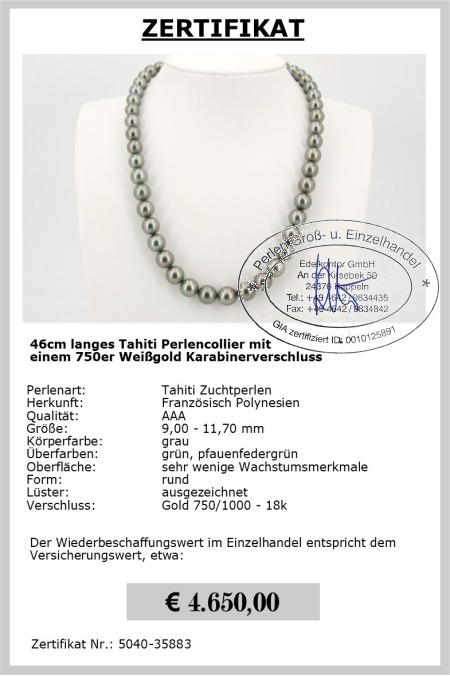 9.0-11.7 mm AAA Tahitiperlen Collier Gold 750 / 18K inkl. Zertifikat