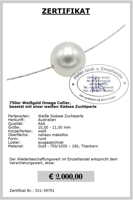 Omegakette mit weier Sdseeperle, 10-11 mm, Kette 750er Gold