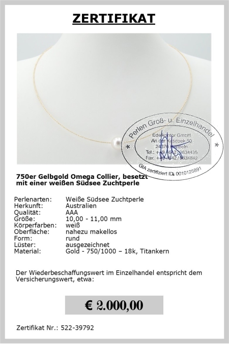 Omegakette mit Perle, 10-11 mm, 750er Gold