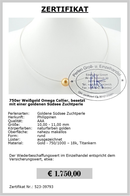 Omegakette mit goldener Sdseeperle, 10-11 mm, Kette Gold 750er