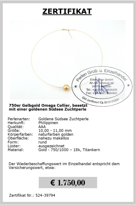 Gelbgold Omegakette mit Sdseeperle, 10-11 mm, Omegakette Gold 750er
