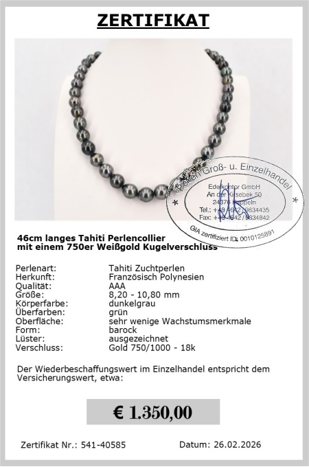 8.2-10.8 mm AAA Tahiti Zuchtperlen Gold 750 / 18K inkl. Zertifikat