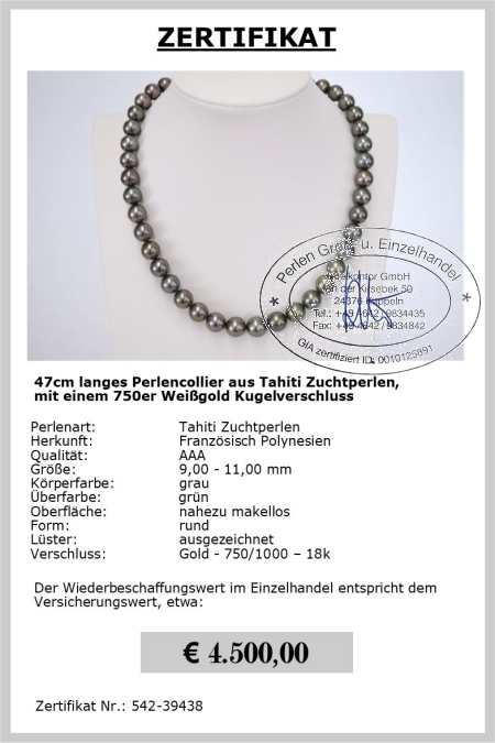 Halskette aus echten Tahiti Perlen | Rund 9,0 - 11,0 mm AAA | Verschluss Gold 750er - 18K